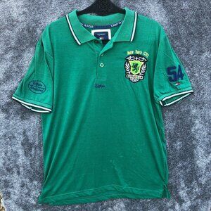 Tommy Hilfiger Polo Mens L Green Rugby Y2K Flag Logo Chambray Collar Shirt